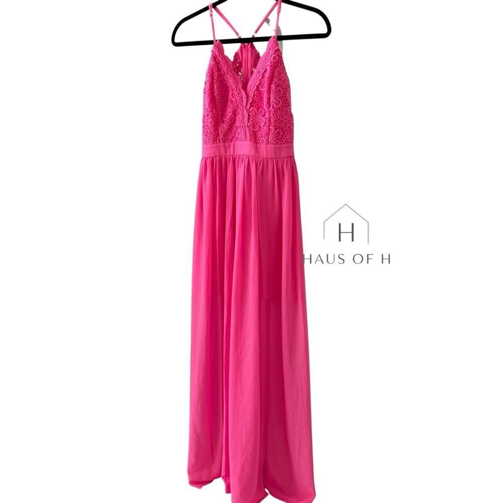 Haus of H Hot Pink Lace Maxi Dress Sleeveless V-Neck Floral Size M